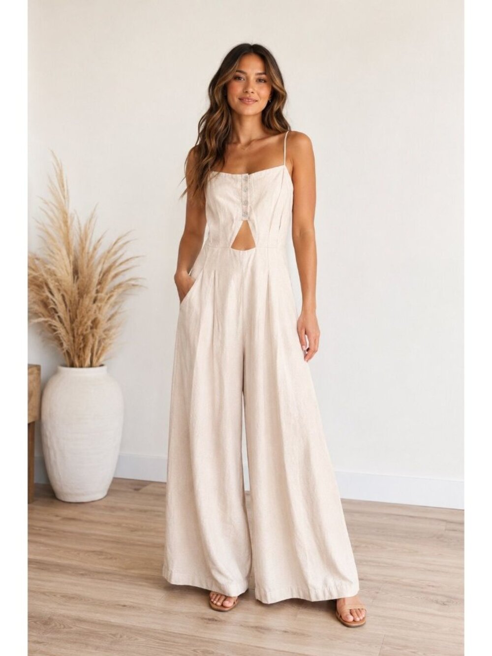 Free People Marbella Linen Cutout Wide-Leg Jumpsuit Dusty Pink Boho Summer Size
